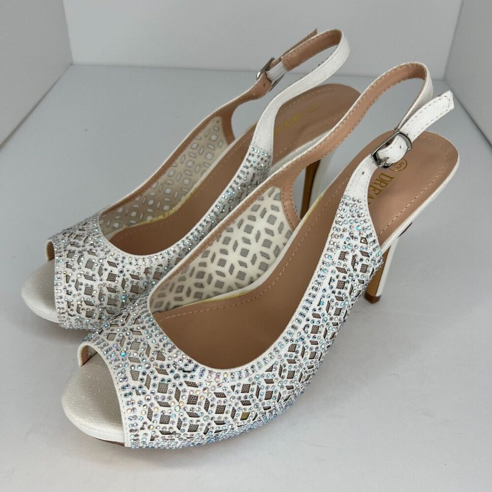 Dream Paris Women White Peep Toe Strap Rhinestone Size 9.5 Slingback Stilettos